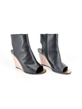 Chanel Black Leather Peep Toe CC Wedge Heel Ankle Booties Shoes Size 39 US 8–8.5